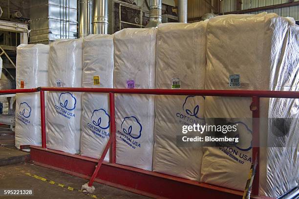 Bales of ginned cotton sit inside shipping bags marked with "Cotton USA" logos at the Gulf Coast Cooperative gin in the Nueces County of Bishop,...