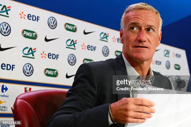 French football team head coach Didier Deschamps gives a press conference at the French Football Federation headquarters to announce the players...