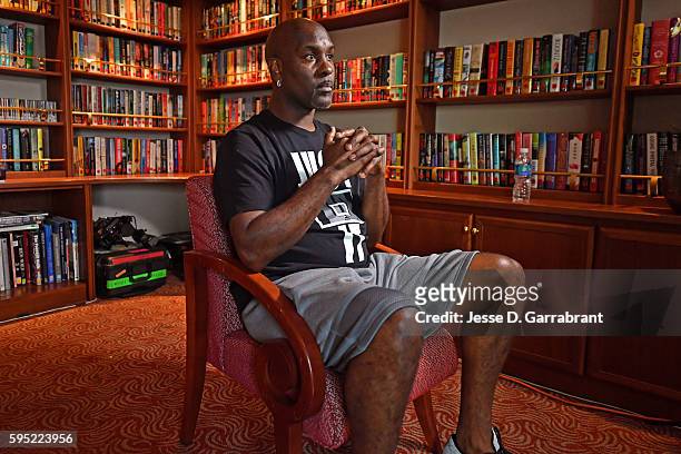 Former NBA player, Gary Payton talks to the media during a sit down interview during the Rio 2016 Olympic Games on August 19, 2016 in Rio de Janerio,...