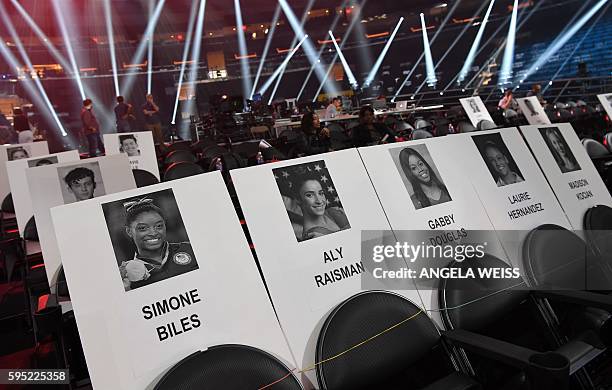 View of place holders are seen at the 2016 MTV Video Music Awards Press Junket at Madison Square Garden on August 25, 2016 in New York City. The 2016...