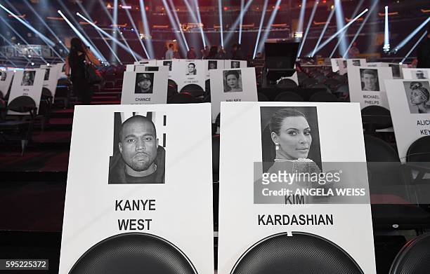 View of place holders are seen at the 2016 MTV Video Music Awards Press Junket at Madison Square Garden on August 25, 2016 in New York City. The 2016...