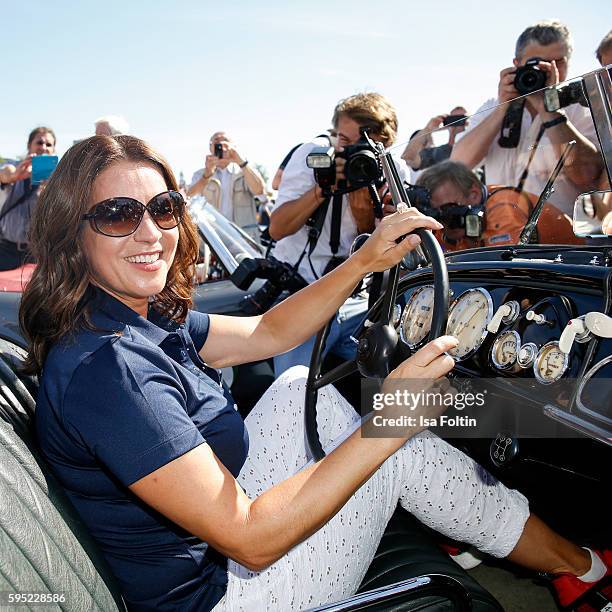 Former figure skater Katarina Witt attends the first day of the Hamburg-Berlin Klassik Rallye on August 25, 2016 in Hamburg, Germany.