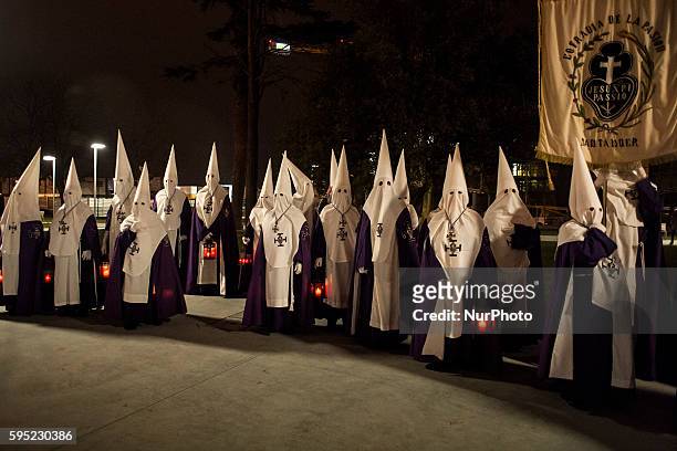 Members of the Brotherhood of the Passion during nighttime procession of prayer held on Easter Monday in the city of Santander SANTANDER, Spain on...