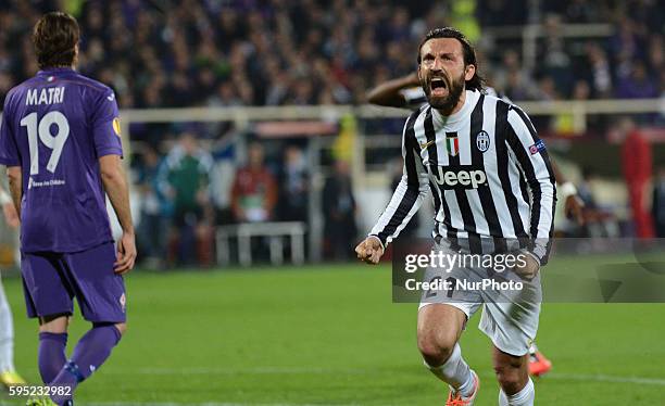 Andrea Pirlo celebrates the scores against Fiorentina during the Uefa football match between AC Fiorentina and Juventus at Artemio Franchi, in...