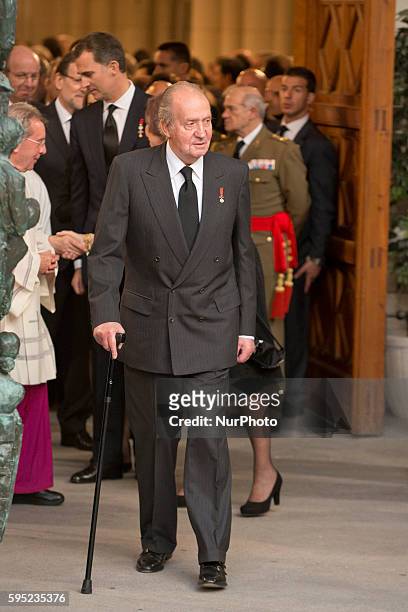 King Juan Carlos of Spain attend the state funeral for former Spanish prime minister Adolfo Suarez at the Almudena Cathedral on March 31, 2014 in...