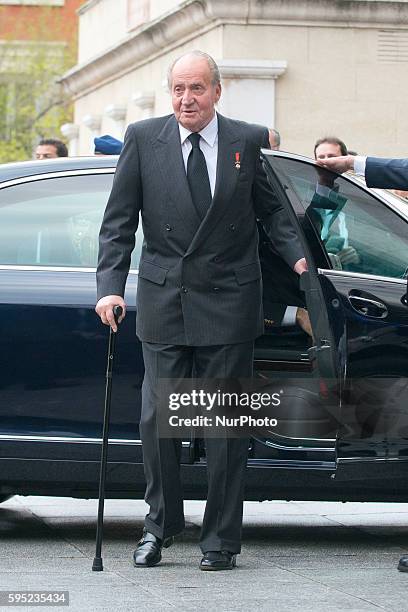 King Juan Carlos of Spain attend the state funeral for former Spanish prime minister Adolfo Suarez at the Almudena Cathedral on March 31, 2014 in...