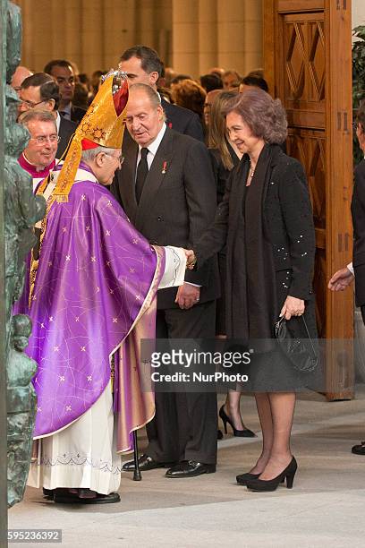 King Juan Carlos of Spain and Queen Sofia of Spain leave after the state funeral ceremony for former Spanish prime minister Adolfo Suarez at the...