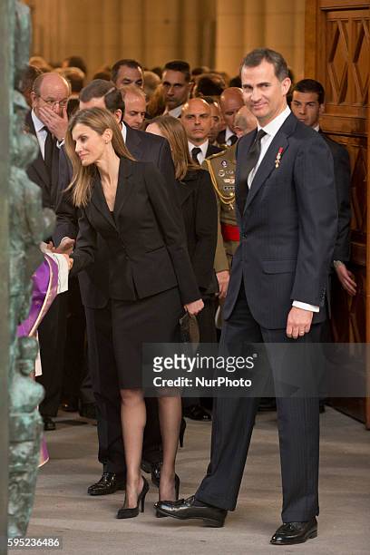 Princess Letizia of Spain, Prince Felipe of Spain leave the state funeral ceremony for former Spanish prime minister Adolfo Suarez at the Almudena...