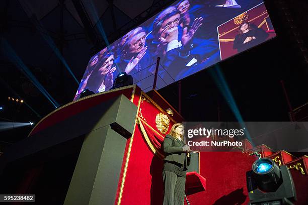 Interpreter in sign language during a rally dedicated to the French Socialist party's candidate for the upcoming municipal elections at the Cirque...