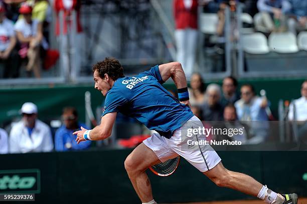 Andy Murray of Great Britain during his straight sets defeat in the fourth rubber by Fabio Fognini of Italy during day three of the Davis Cup World...