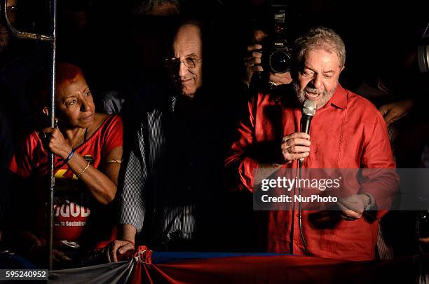 Leci Brandao , Rui Falcao and Luiz Inacio Lula da SIlva , in Sao Paulo, Brazil, on March 18, 2016. 95,000 people took Paulista avenue, this time to...