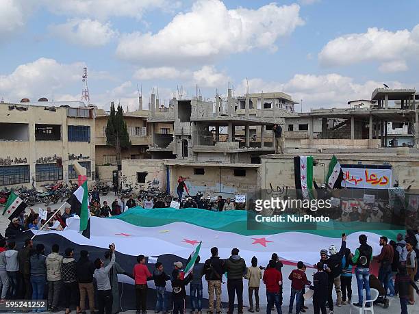 Photos of the demonstration, which came out today in the city of Daraa on the occasion Khmaxh years after the start of the Syrian revolution from the...