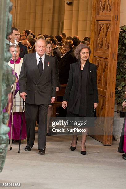 King Juan Carlos of Spain and Queen Sofia of Spain leave after the state funeral ceremony for former Spanish prime minister Adolfo Suarez at the...