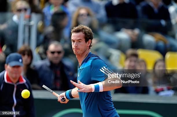 Andy Murray of Great Britain during his straight sets defeat in the fourth rubber by Fabio Fognini of Italy during day three of the Davis Cup World...