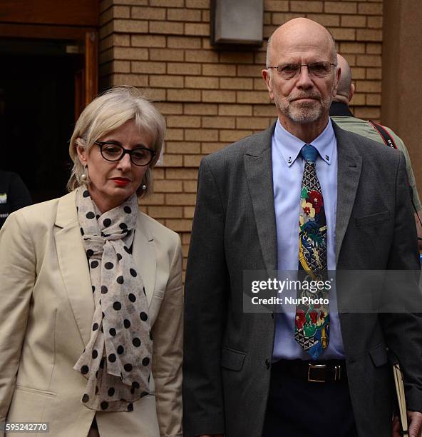 Lois and Arnold Pistorius leaving court at the end of the Oscar Pistorius' murder trial day 23, in Pretoria, South Africa, on April 15, 2014.