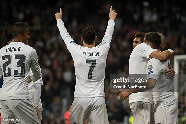 Goal Real Madrids Portuguese Cristiano Ronaldo in action during the Champions league football match Real Madrid CF vs Roma at the Santiago Bernabeu...