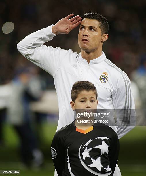 Cristiano Ronaldo of Real Madrid before the beginnes the UEFA Champions League Round of 16 Second Leg match between Real Madrid CF and AS Roma at...