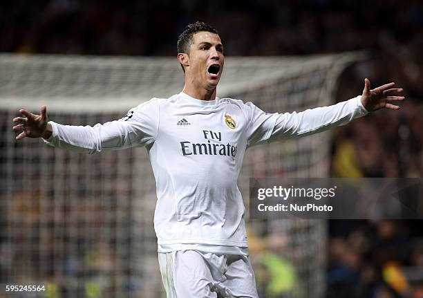 Cristiano Ronaldo of Real Madrid celebrates after scoring a goal during the UEFA Champions League Round of 16 Second Leg match between Real Madrid CF...
