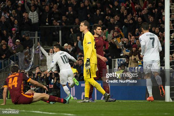Goal Real Madrids Colombian James in action during the Champions league football match Real Madrid CF vs Roma at the Santiago Bernabeu stadium in...