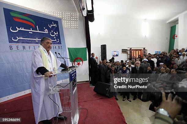 Algerian former head of government and presidential candidate, Ali Benflis delivers a speech during an election rally campaign, in Ghardaia, south of...