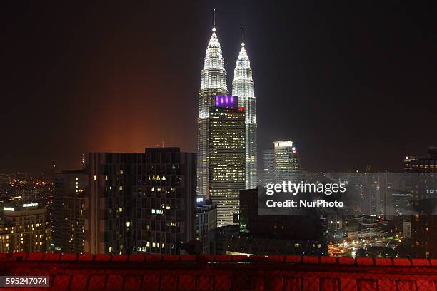Night view of Petronas Twin towers from 29th floor of Traders Hotel in Kuala Lumpur City. Kuala Lumpur, Malaysia, on 23th March 2016.