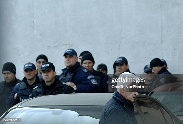 Volen Siderov, leader of Ataka, the national socialist party in Bulgaria, are seeing in front of the police officers arriving at National...