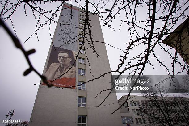 March 2016 - A large banner is posted on the side of the town hall building in the centre of the city. Leszek Bialy is commemorated as a member of...