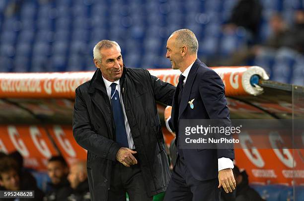 Stefano Pioli greets Edoardo Reja during the Italian Serie A football match between S.S. Lazio and A.C. Atalanta at the Olympic Stadium in Rome, on...