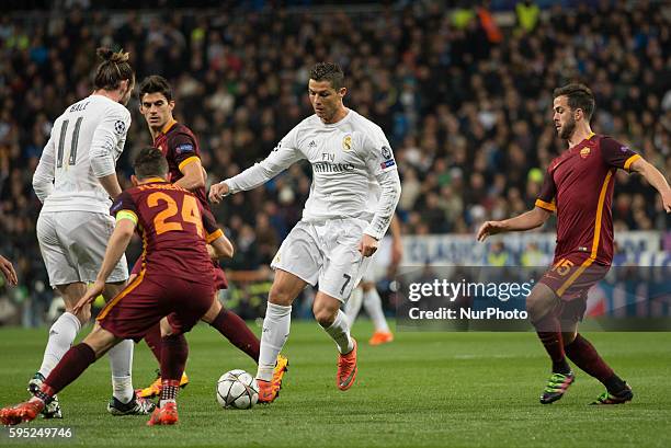 Real Madrids Portuguese Cristiano Ronaldo in action during the Champions league football match Real Madrid CF vs Roma at the Santiago Bernabeu...