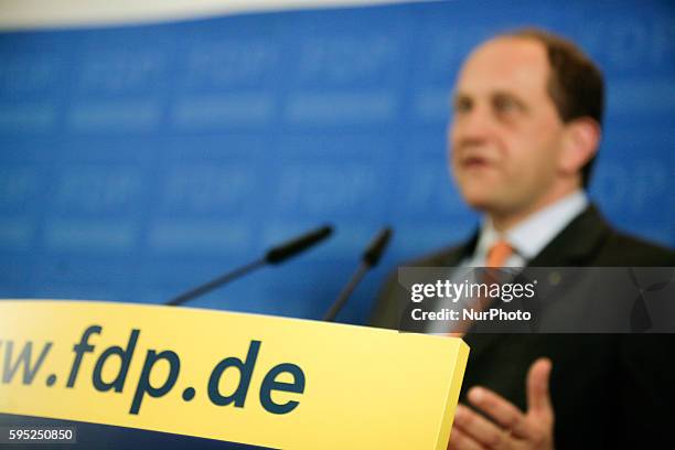 Top candidate of Free Democratic Party for the European Parliament, Count Alexander Lambsdorff attends a press conference with Chairman of German...