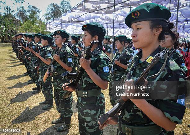 Cadres of the separatist group the National Socialist Council of Nagaland - Isak Muivah stand in formation during the 35th Naga Republic Day...