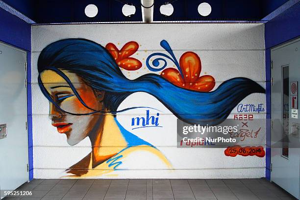 Graffiti in Masid Jamek LRT Station near Chinatown in Kuala Lumpur City. Kuala Lumpur, Malaysia on March 23, 2016.
