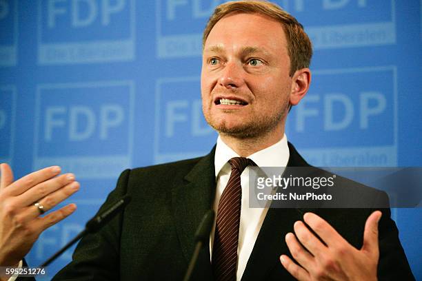 Chairman of German Free Democratic Party Christian Lindner attends a press conference with top candidate of Free Democratic Party for the European...