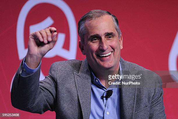 Brian Krzanich, the CEO of Intel Corporation, speaking during the conference, during the first day of Mobile World Congress 2016 in Barcelona, 22nd...