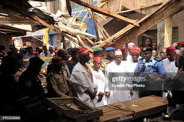 Kano State governor Abdullahi Umar Ganduje visit the scene of the GSM market bomb attack the scene where two female suicide bombers blew themselves...