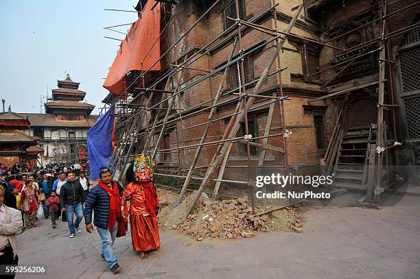 Deity returns after performing rituals during 12 year Shree Bagh Bhairab Dance Jatra/Festival at Kirtipur, Kathmandu, Nepal on 27 December, 2015....