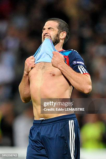 Disappointment Lyon's Lisandro Lopez during the UEFA Champions League Group B match between Olympique Lyonnais and FC Schalke 04 at the Stade de...