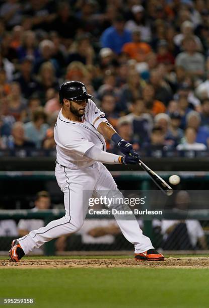 Mike Aviles of the Detroit Tigers hits against the Kansas City Royals at Comerica Park on August 15, 2016 in Detroit, Michigan.