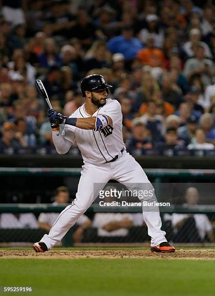 Mike Aviles of the Detroit Tigers bats against the Kansas City Royals at Comerica Park on August 15, 2016 in Detroit, Michigan.