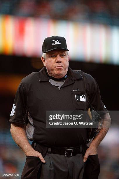 Umpire Brian Gorman stands on the field before the game between the San Francisco Giants and the New York Mets at AT&T Park on August 18, 2016 in San...