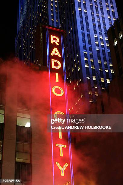 The Radio City Music Hall Sign at night.