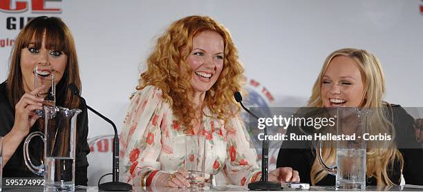 Melanie Chisholm, Geri Halliwell and Emma Bunton from The Spice Girls attend a press conference at the O2 Arena where they announce their re-union...