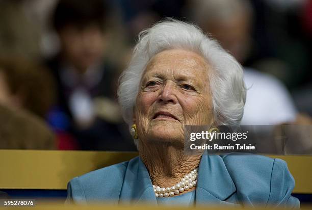 Former First Lady, Barbara Bush listens to speakers during the second day of the Republican National Convention at the Xcel Center in St. Paul,...