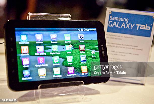 Samsung Galaxy Tab, a 7-inch touchscreen mobile tablet, with the Android 2.2 operating system, is displayed during a news conference in New York, on...