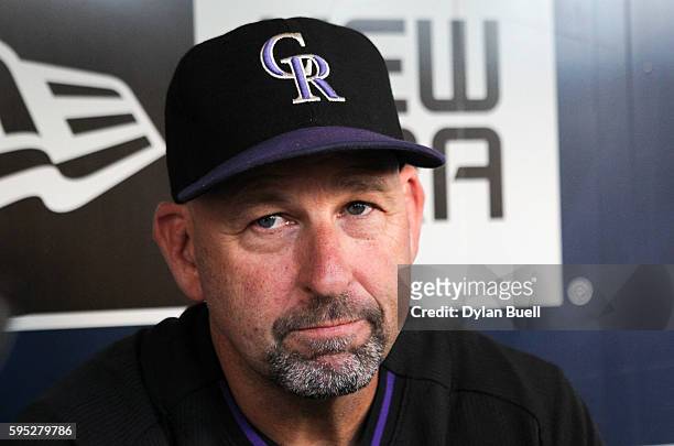 Manager Walt Weiss of the Colorado Rockies speaks to the media before the game against the Milwaukee Brewers at Miller Park on August 22, 2016 in...