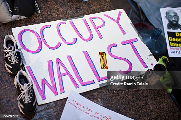 Placard reads "Occupy Wall Street" is pictured in Zuccotti Park in Lower Manhattan where protestors demonstrate against the economic system on...