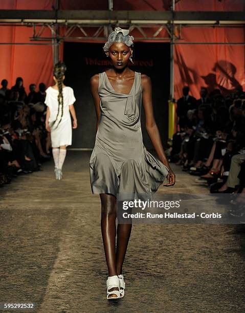 Model on the runway at Vivienne Westwood's Spring/Summer 2012 fashion show at London Fashion Week.