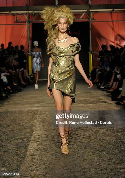 Model on the runway at Vivienne Westwood's Spring/Summer 2012 fashion show at London Fashion Week.