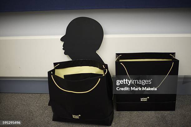 Oct. 26, 2011 - London, England, UK - Limited Edition Mont Blanc pens inspired by Alfred Hitchcock are boxed backstage during the BFI London Film...