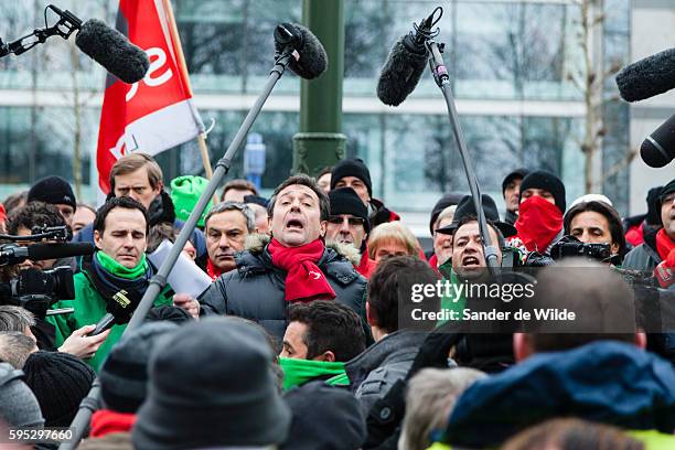 Brussels, Belgium 25 january 2013. 6 Busses with unionist came from Liege, Luik to Brusels today. Arcelor Mittal wants to fire 1200 people. The...